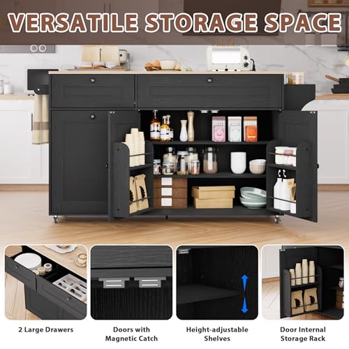 Rolling Kitchen Island on Wheels, Kitchen Islands Cart with Trash Can Storage Cabinet, Portable Island Table with Power Outlet, Drop Leaf, Spice Rack, and Drawers, Black