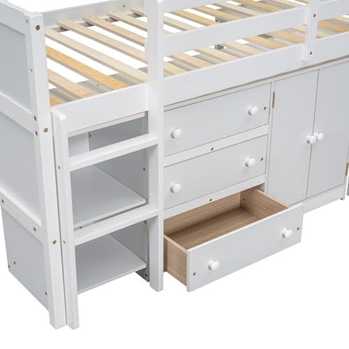 Full Size Platform Bed with Storage Headboard Bookcase, 2 Drawers Underneath and Charging Station, for Bedroom/Guest Room, White