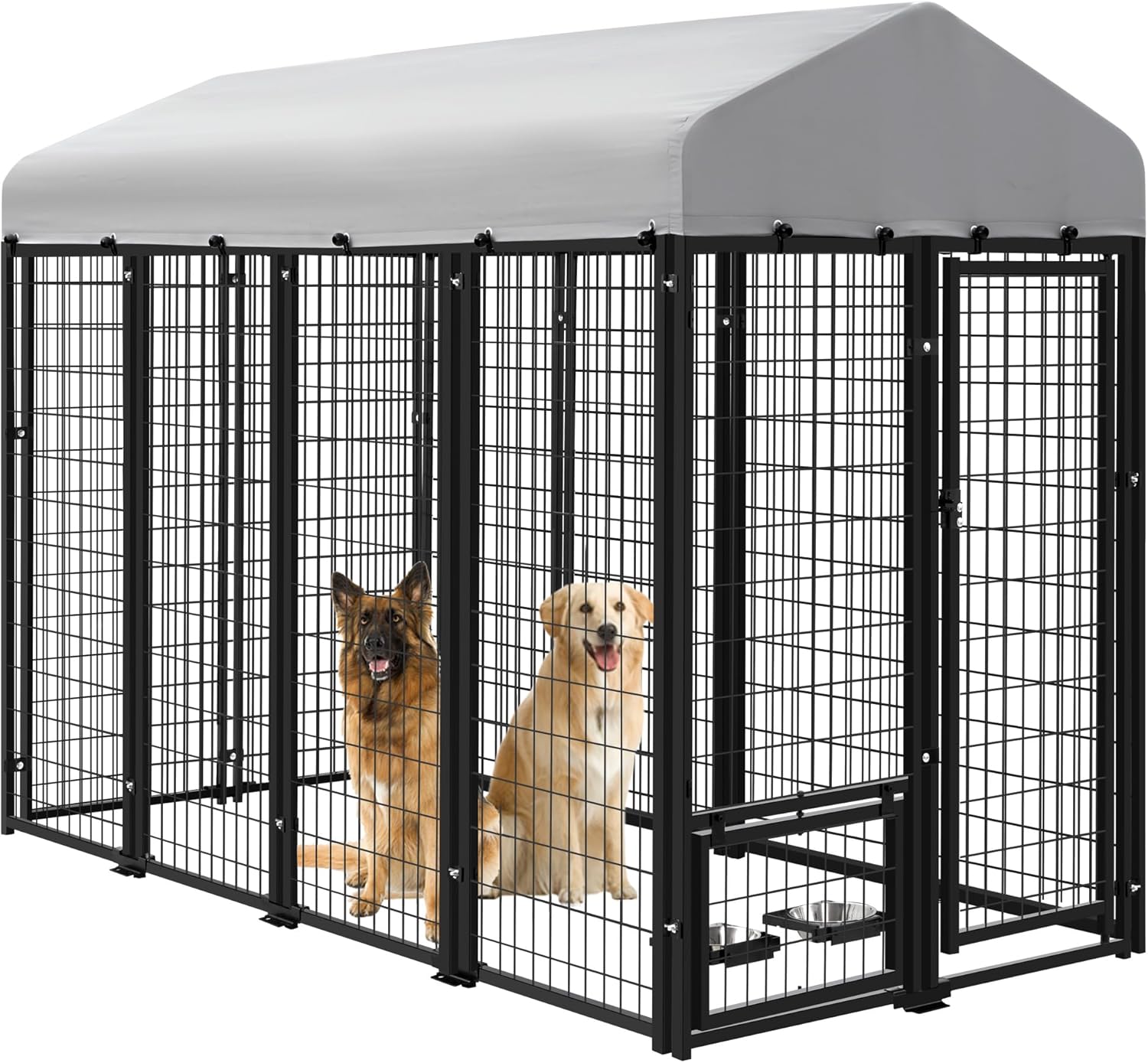 Large Dog Kennel Outdoor Dog House, Heavy Duty Welded Wire Steel Fence Dog Cage with Waterproof UV-Resistant Cover, Feeding Door and Secure Lock (8x4x6 ft)