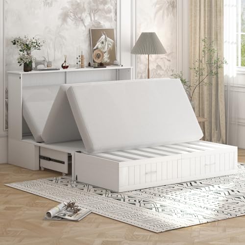 Queen Murphy Bed, Murphy Cabinet Bed with Tri-fold Mattress & USB Charging Station, Murphy Chest Bed with 2 Storage Drawer, Multi-functional Murphy Bed Cube Cabinet for Guest Room
