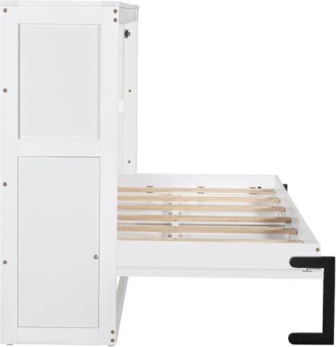 Full Murphy Bed with Storage Shelves,Wood Murphy Bed Cabinet with Storage Bookcase,Fold Up Bed Modern Murphy Wall Bed Full Size (White,Full)