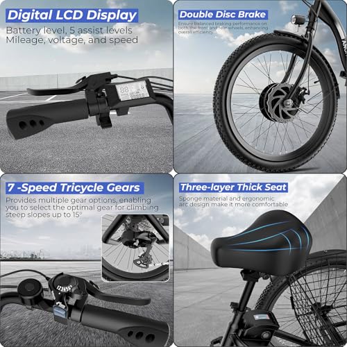 ANCHEER Electric Tricycle for Adults, 350W(Peak 550W) Etrike, 48V/499Wh Ebike, 24" Folding 3 Wheel Electric Trike, 15.5MPH & 55Miles Electric Bike, Rear Differential, Rear Basket