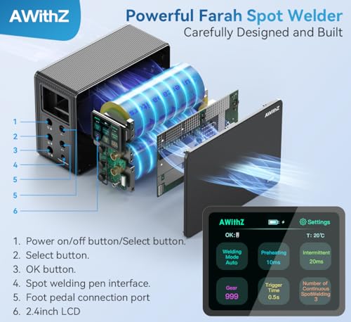 14.6 KW Capacitor Battery Spot Welder, AWithZ Spot Welder, 2-in-1 Automatic & Foot Pedal Two Modes Battery Farad Welding Equipment for 18650/LiFePO4 Lithium Battery Pack Building (P20B)