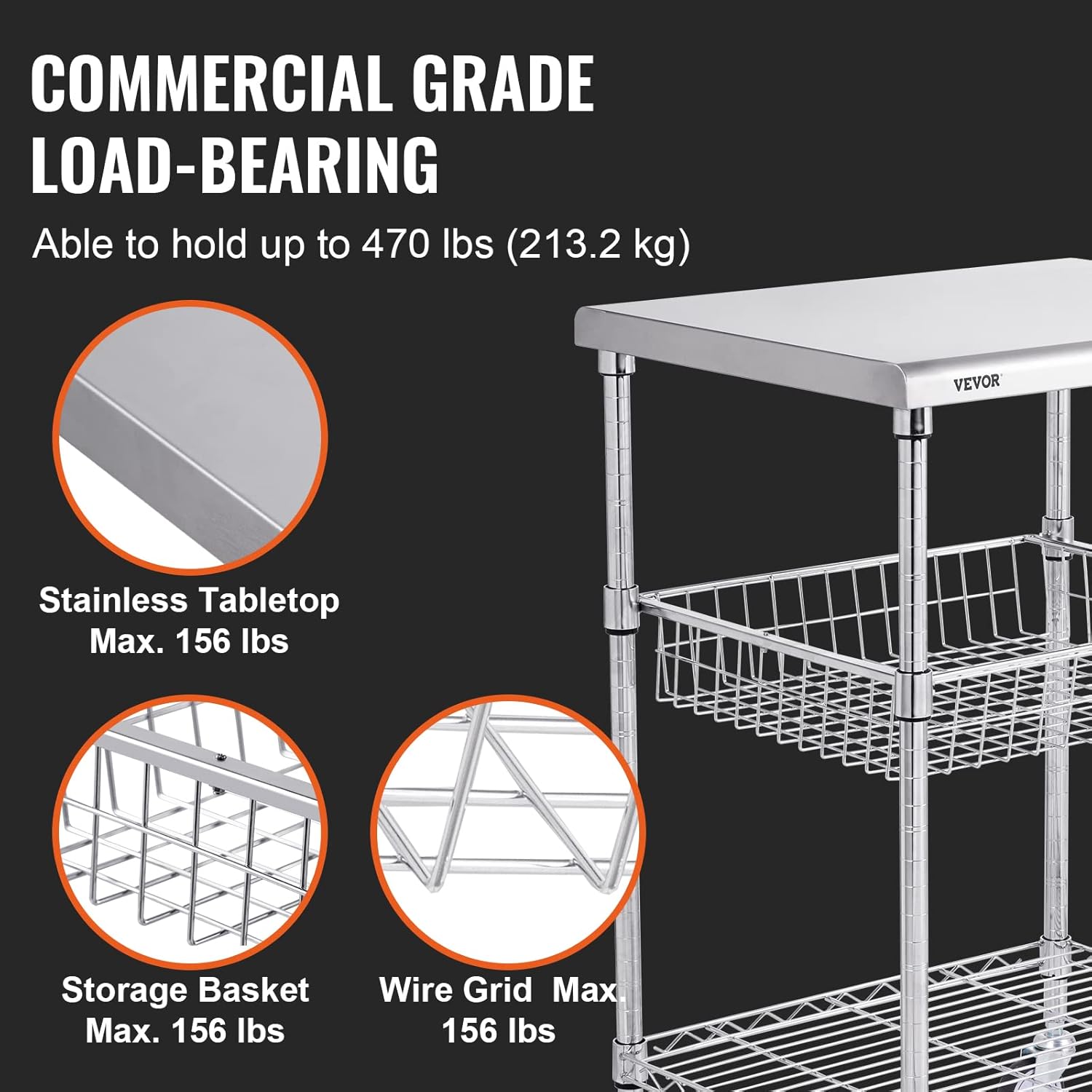 VEVOR Kitchen Utility Cart, 20"x24"x36.6" 3 Tiers Wire Rolling Cart, 470LBS Capacity Steel Service Cart with Brake Wheels, Storage Trolley with 76mm Basket PP Liner 6 Hooks, for Indoor & Outdoor Use