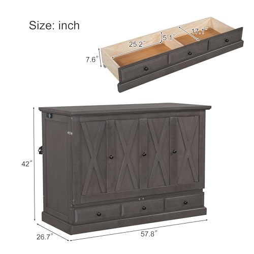 P PURLOVE Queen Size Murphy Bed Cabinet,Chest Cube Cabinet Bed with Charging Station and Large Storage Drawer,Space Saving Wall Bed for Living Room,White