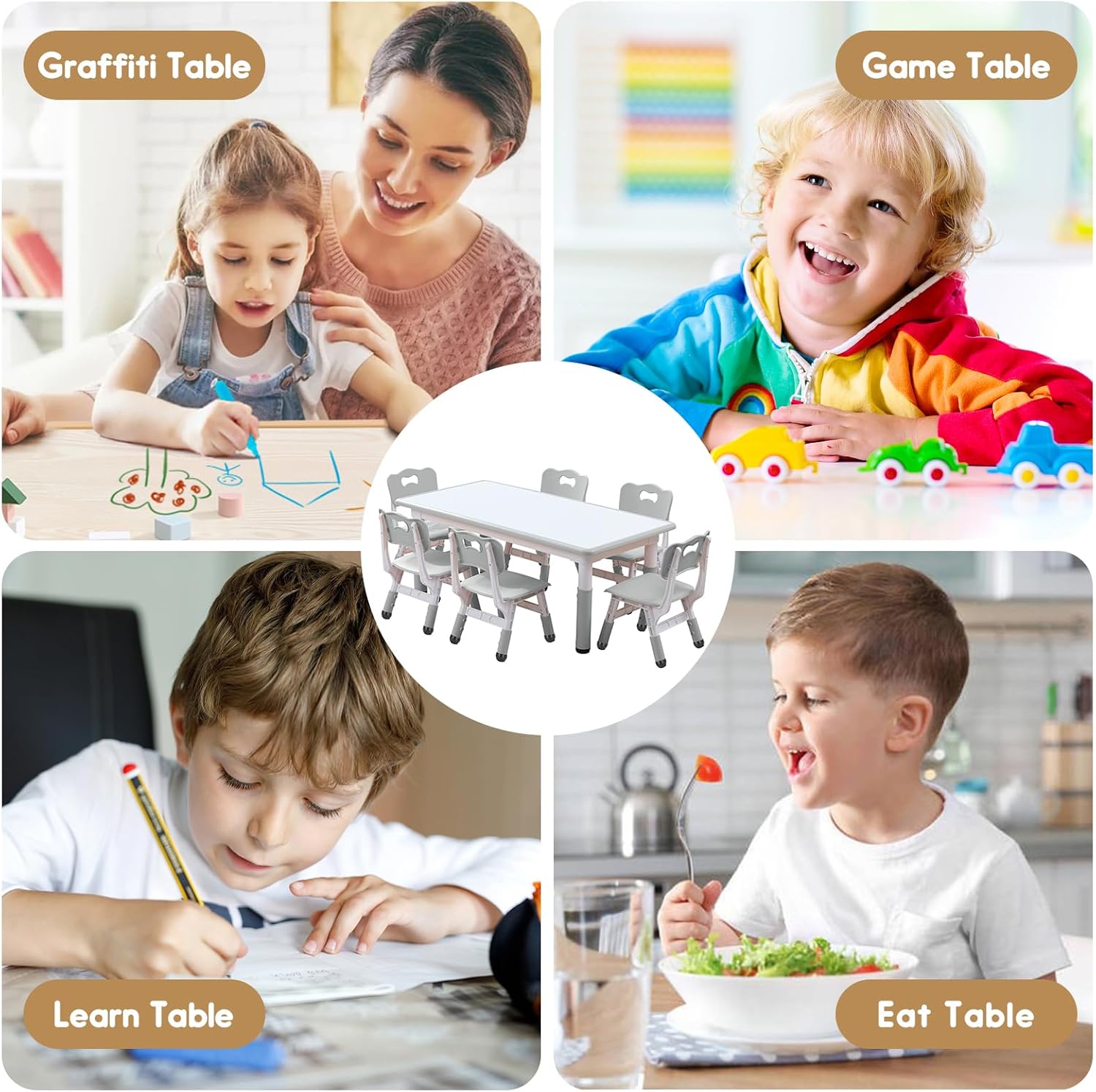 Kids table and chairs, Toddler table and chairs, Kids table (6 chairs), Kids table and chair set, Kids table and chair set 5-8 year old. Toddler table and chair set with 24 leg covers +12 color pens