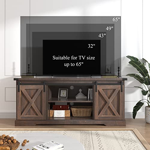 St.Mandyu Farmhouse TV Stand for TVs up to 65 inch, Wood Entertainment Center with Sliding Barn Doors, Media Console Storage Cabinets with Adjustable Shelves for Living Room Bedroom Office, Brown