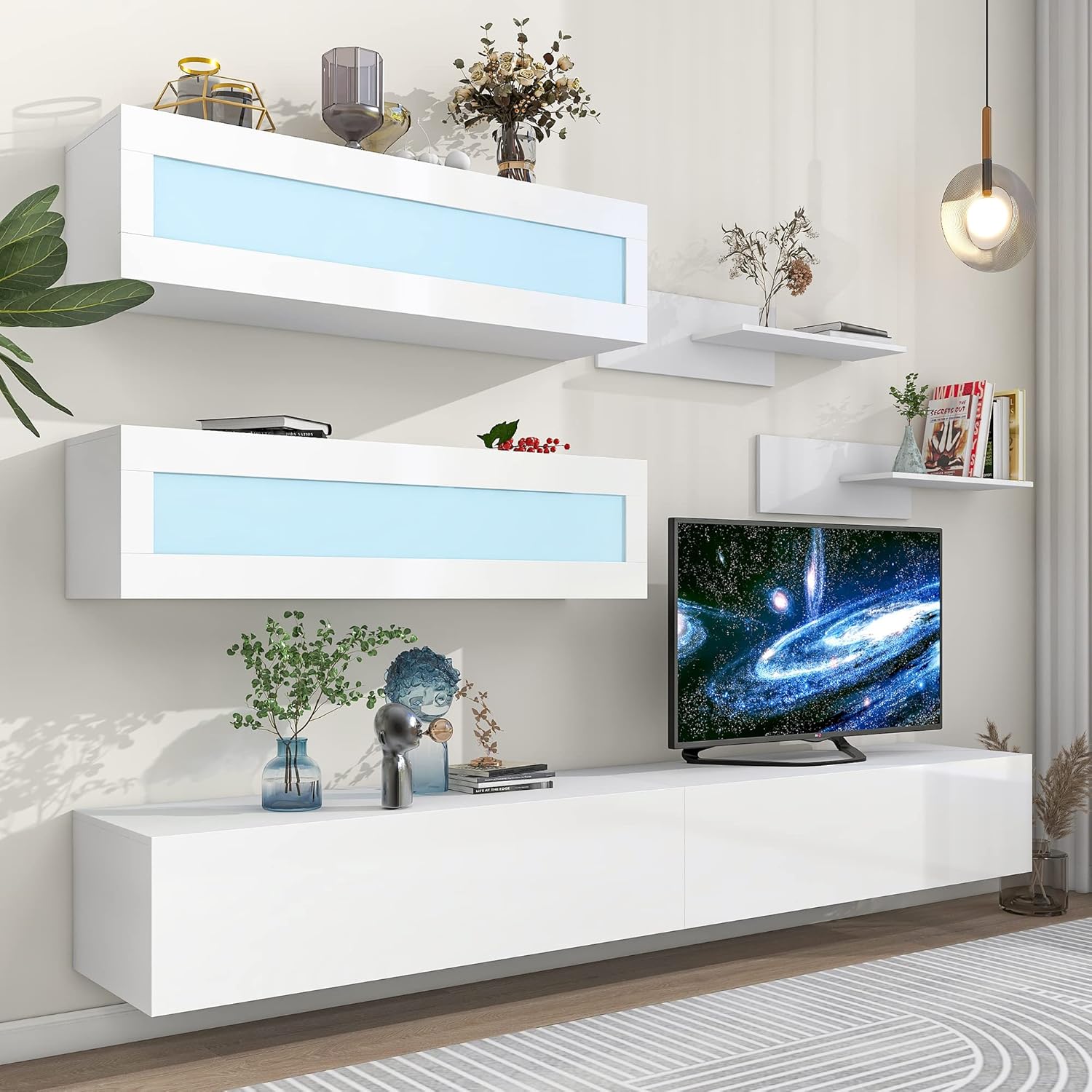Wall Mount Floating Entertainment Center with 4 Storage Cabinets and 2 Shelves, Modern High Gloss TV Stand for Televisions up to 95+ Inch, Gaming Media Console w/LED Lights for Living Room