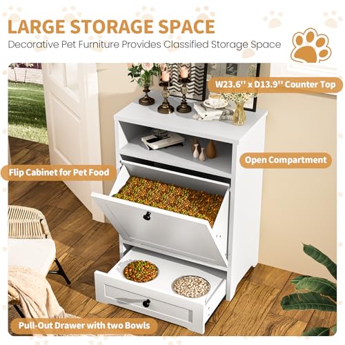 Dog Feeding Station, Dog Food Storage Container with 2 Raised Dog Bowls, Pet Food Cabinet with Pull-Out Elevated Dog Bowl for Water&Feeding Supplies, Pet Feeder Station Furniture for Dogs Cats, Brown
