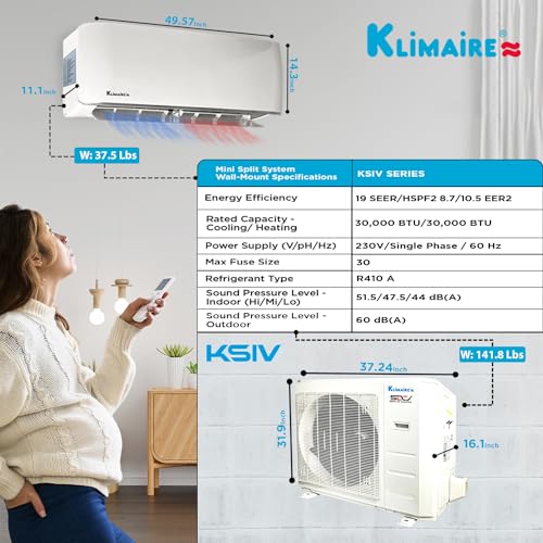 Klimaire Ductless Mini-Split Inverter Air Conditioner Heat Pump System with 15-ft Installation Kit Wall Bracket