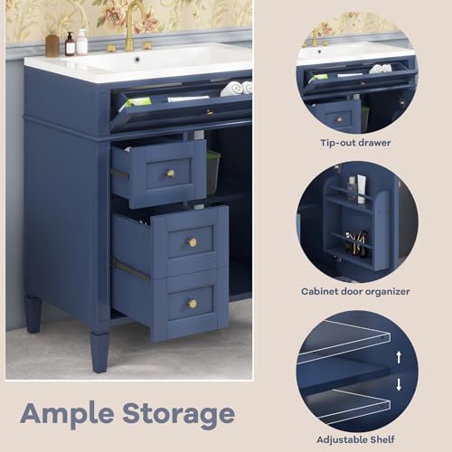36" Bathroom Vanity Without Sink,Modern Bathroom Storage Cabinet with 2 Drawers and a Tip-Out Drawer,Solid Wood Frame,Easy Assmebly(Blue)