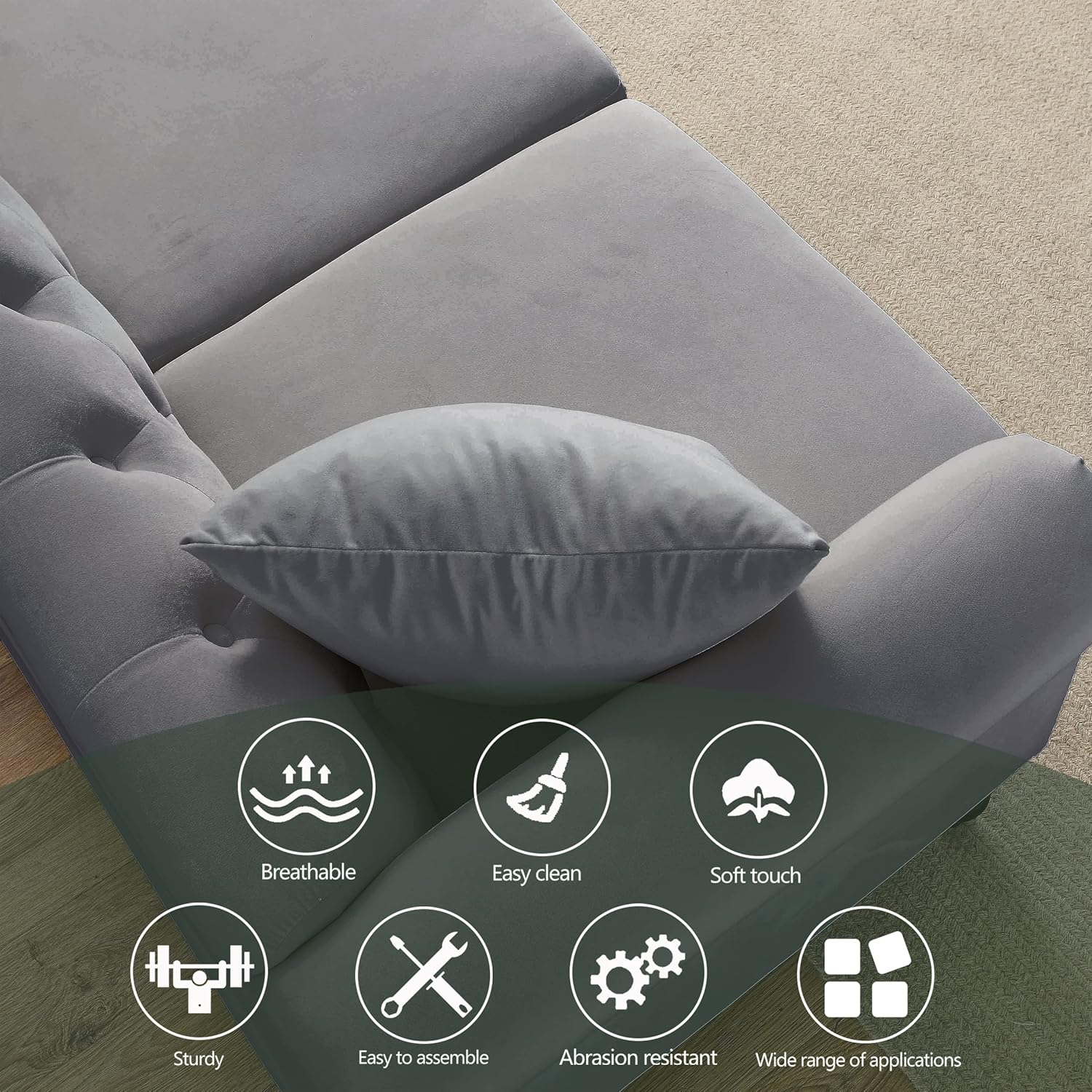 79" Chesterfield Sofa Grey Velvet for Living Room, 3 Seater Sofa Tufted Couch with Rolled Arms and Nailhead for Living Room, Bedroom, Office, Apartment, 2 pillowsW834S00012