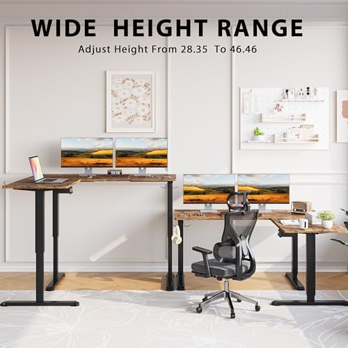 L-Shaped Electric Standing Desk, 63 x 48 Inches Height Adjustable Coner Table, Home Office Computer Workstation, Rustic Brown, 63 x 48 Inch