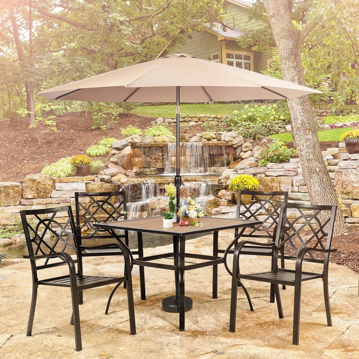 SUNCROWN 5-Piece Outdoor Wrought Iron Chairs and Table Patio Dining Furniture Set - 4 Stackable Metal Chairs and 1 Square Steel Slat Bistro Table with 1.57" Umbrella Hole for Backyard Garden Deck