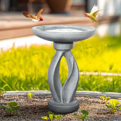 SunJet 25.5 Inch Heigh Wood-Look Concrete Bird Bath with Decorative Faux Bird – birdbath Rustic & Long-Lasting Design, Enhances Garden, Patio, Yard, Lawn Décor