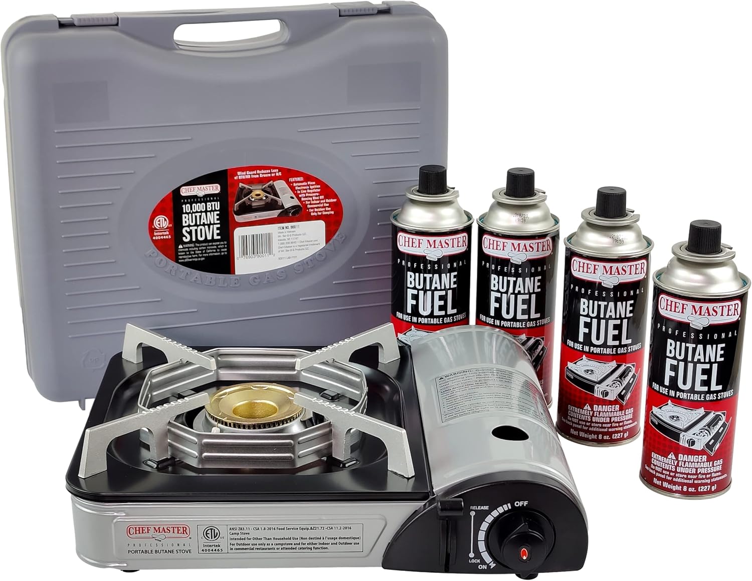 CHEF MASTER 90011 Portable Butane Stove | 10,000 BTU Outlet | Camp Kitchen Equipment | Emergency Stove | Hurricane Stove | Single Burner Camp Stove | Camping Cooking Stove + 4 Fuel Canisters Pack of 2