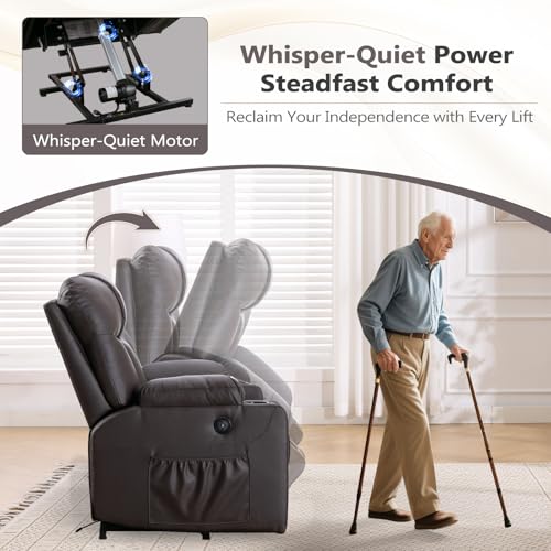 ANJ Large Power Lift Recliner Chair with Massage and Heat for Elderly Big People, Electric Wide Recliners, Heavy Duty and Safety Motion Fabric Reclining Mechanism with USB Ports, Side Pocket, Camel
