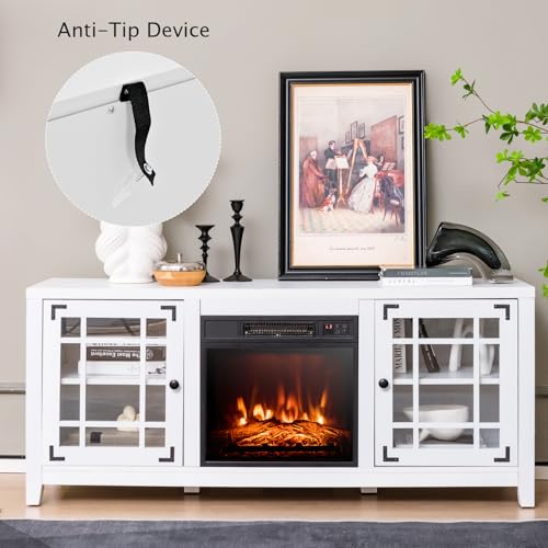 GOFLAME 58" Fireplace TV Stand for TVs up to 65 Inches, Wooden TV Console with 18” Electric Fireplace Insert, Fireplace TV Cabinet, Entertainment Center with Remote Control, Adjustable Shelves, White