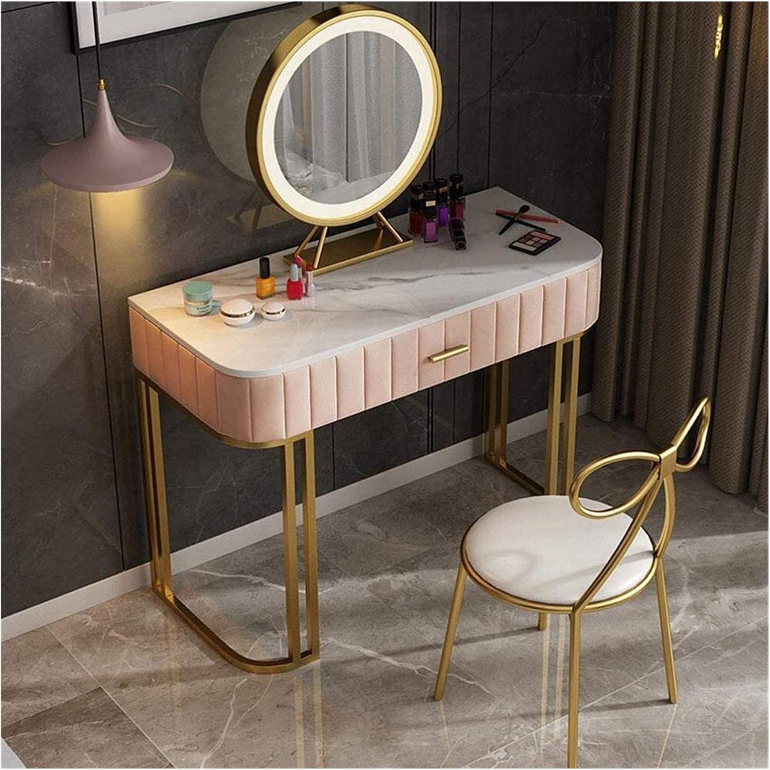 Dresser Table for Bedroom, Retro Luxury Desk with LED Stool, Multifunctional Large Storage Space Drawer, Bedroom Furniture (Color : Blue) (Pink)