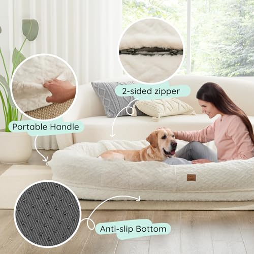 Human Dog Bed for Adult - Luxury Faux Fur Giant Human Size Dog Bed with Portable Handle, Egg Orthopedic Foam Dog Human Bed with Blanket, 72"x40"x10", Ivory White