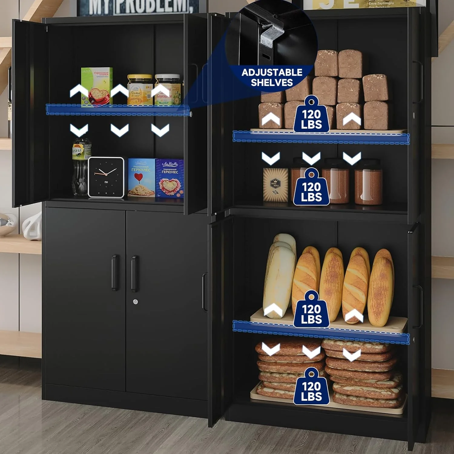Metal Storage Locking Cabinet with 4 Doors and 2 Adjustable Shelves,71" Lockable Garage Tall Steel Cabinet,for Home Office,Living Room,Pantry,Gym,Commercial Storage (Black)