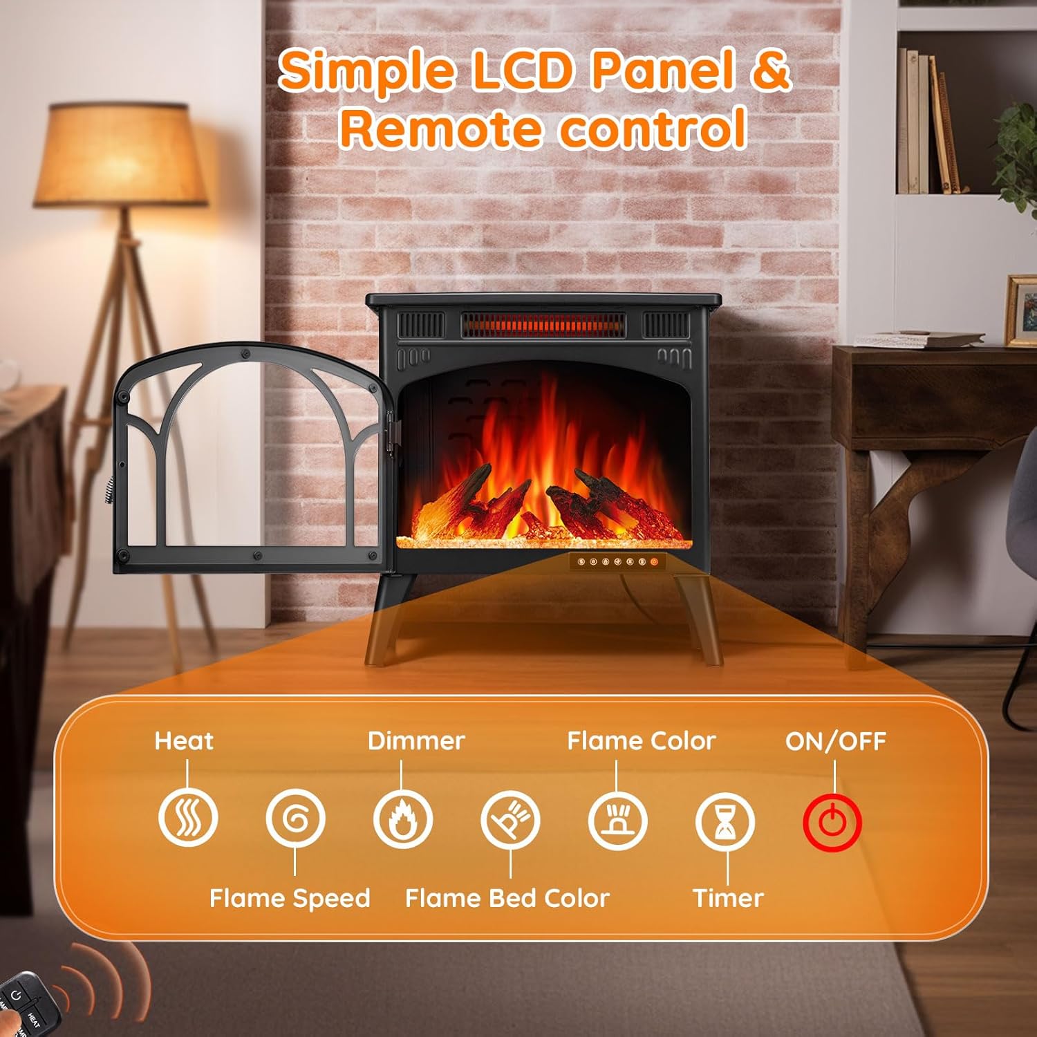 Rintuf Electric Fireplace Heater, 1500W Infrared Fireplace Stove Heater with 3D Flame Effect, 8H Timer, Space Heater Fireplace with Remote, Safety Protection, Freestanding for Indoor Use Large Room