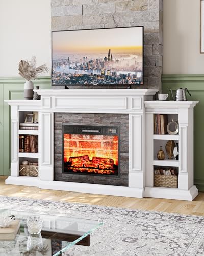 LGHM 70" Electric Fireplace with Mantel, Fireplace TV Stand for TVs Up to 80 Inch, Modern Entertainment Center with Storage, Realistic Stacked Stone Surround with Remote Control for Living Room