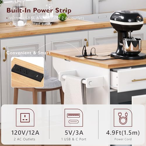 59.3" Rolling Kitchen Island on Wheels with Trash Can Storage Cabinet, Island Table for Kitchen with Power Outlet, Kitchen Cart with Drop Leaf and Internal Storage Rack (Black)
