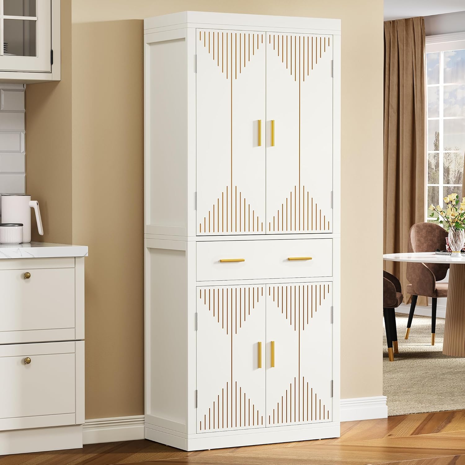 YITAHOME Pantry Cabinet, 72" Tall Kitchen Cabinet with Carved Design Doors, Modern Freestanding Tall Cupboard Storage Cabinet with a Drawer ＆ Adjustable Shelves for Kitchen, Living Room, White