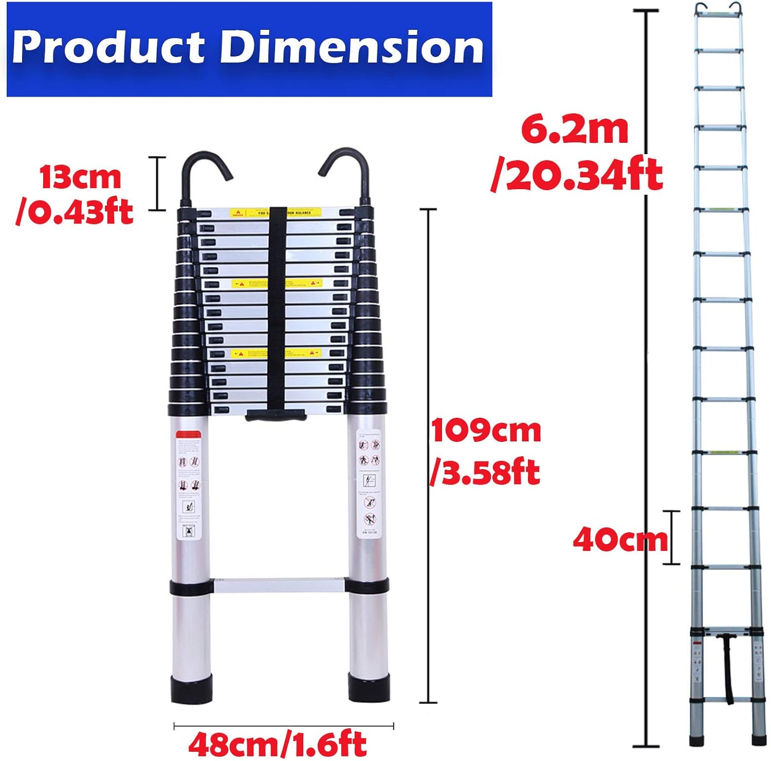 20ft Aluminum Telescoping Ladder Adjustable Height EN131 Certificated, 330lbs Max Load Heavy Duty Portable Extension Folding Ladder Anti-Slip Rubber Feet Easy to Extend or Retract