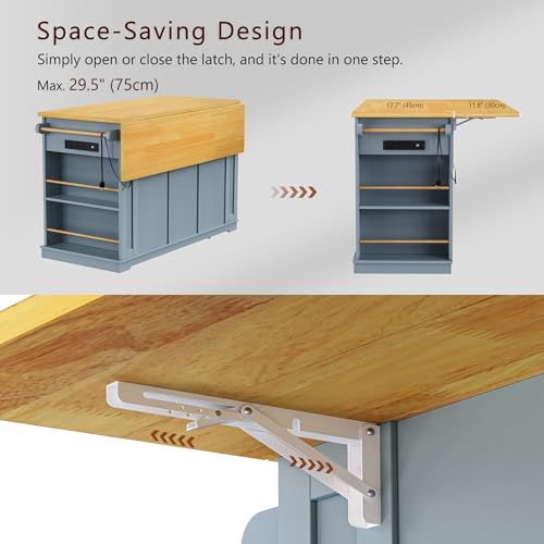 53" Rolling Large Kitchen Island Set with Power Outlet,Mobile Carts with Storage Cabinet,Extra Drop Leaf,3 Drawers and 5 Open Side Racks,Wood Table for Dining Room (Island & Stools)
