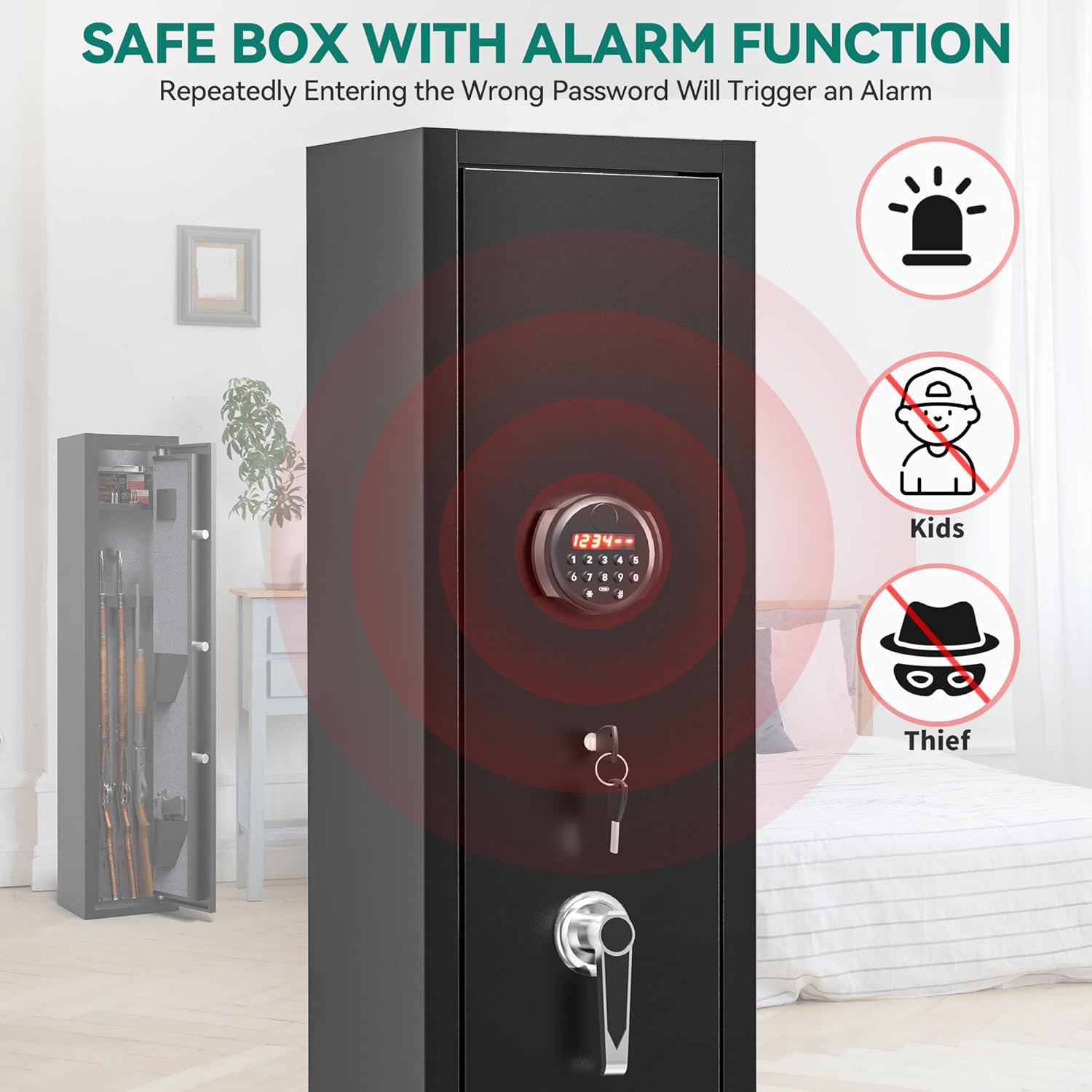 YITAHOME 3-5 Rifle Gun Safe, Quick Access Gun Cabinets with Digital Keypad and Fireproof Bag, Password Lock Gun Safes for Home Rifles and Pistols, Rifle Safe with Pockets and Removable Shelf
