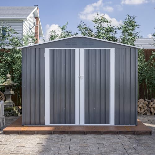 10 x 8 FT Outdoor Storage Shed, Metal Garden Shed with Floor Frame, Large Tool Shed Outdoor Storage with Lockable Sliding Doors & Air Vents, Storage House Waterproof for Backyard, Lawn, Gray