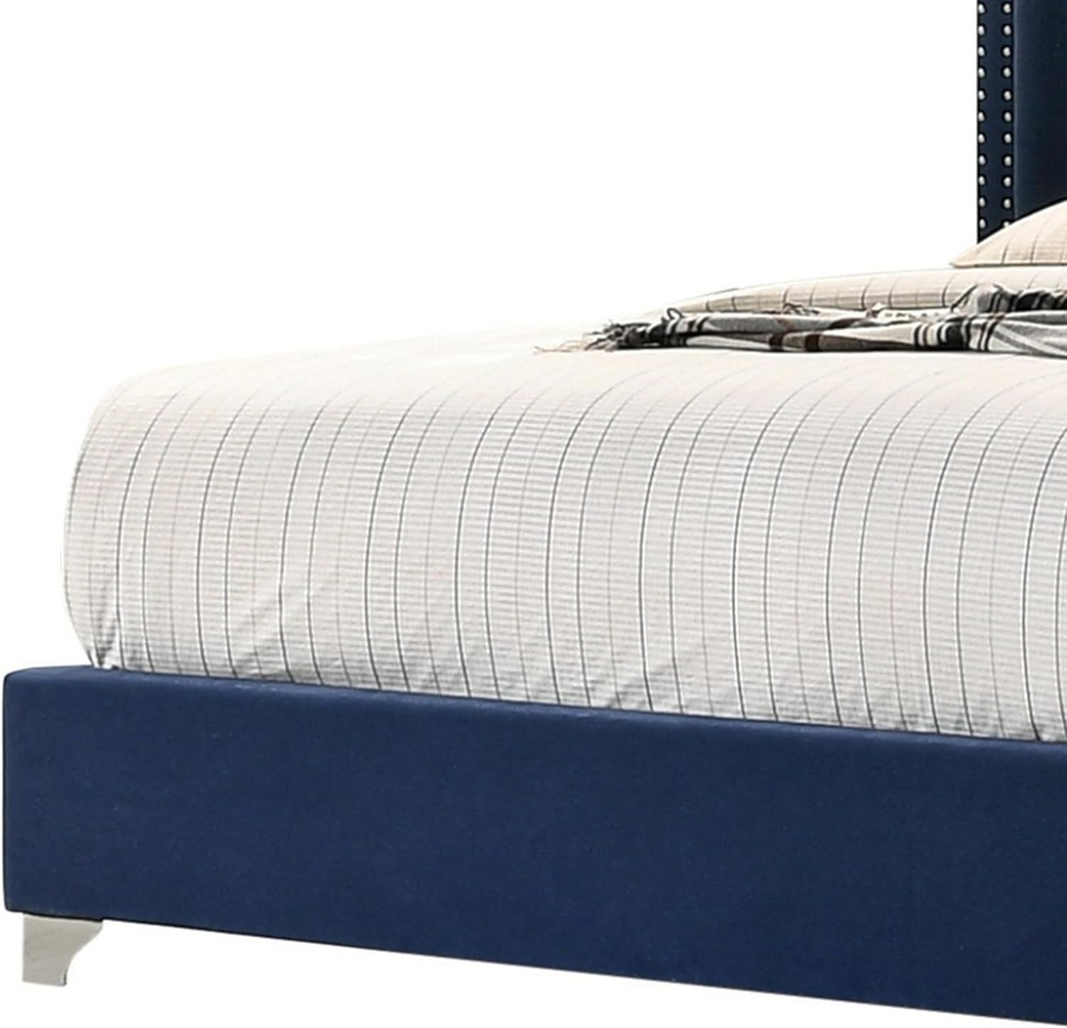 Benjara BM302868 Velvet Upholstery Tufted Headboard Giya Wingback King Size Bed Pacific Blue & Nickel