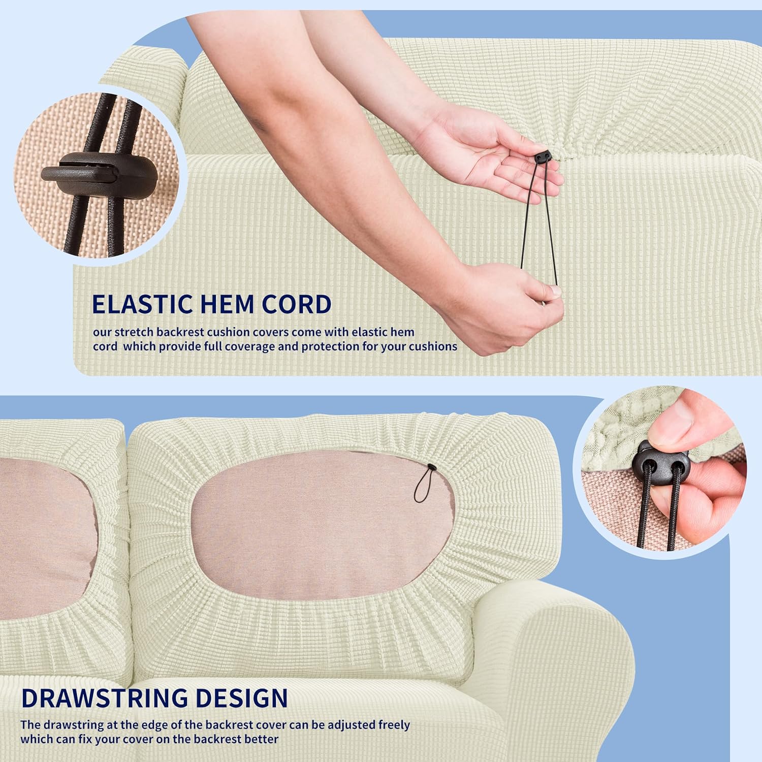 Subrtex 3 Piece Armchair Cover Bundles 7 Piece Sofa Cover Stretch Couch Slipcover with Separate Backrest Covers and Cushion Covers Slipcover Sets for Living Room（Small+Large,Ivory）