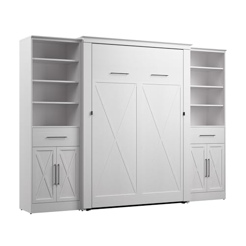 Bestar Key West Full Murphy Bed and Closet Organizers with Doors and Drawers (113W) Space-Saving Sleeping Arrangement for Multipurpose Area, Bedroom, Guest Room, or Living Room in Pure White Oak