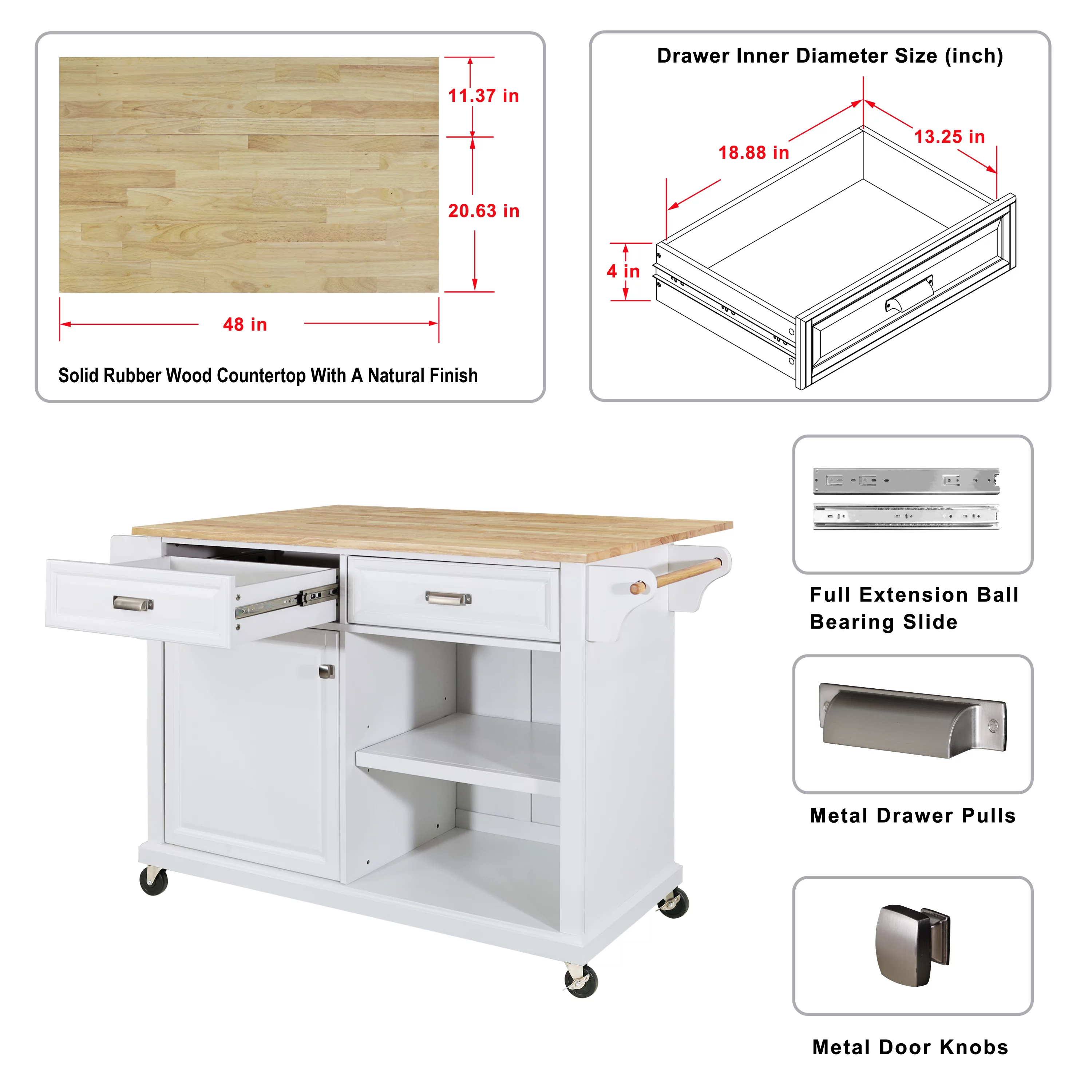 Multi-Functional Storage Island Cart with Rubberwood Countertop and Drop-Leaf, Greenguard Gold Certified, Kitchen Island on Wheels with Large Storage Cabinet,2 Drawers,Spice Rack,Towel Holder, White