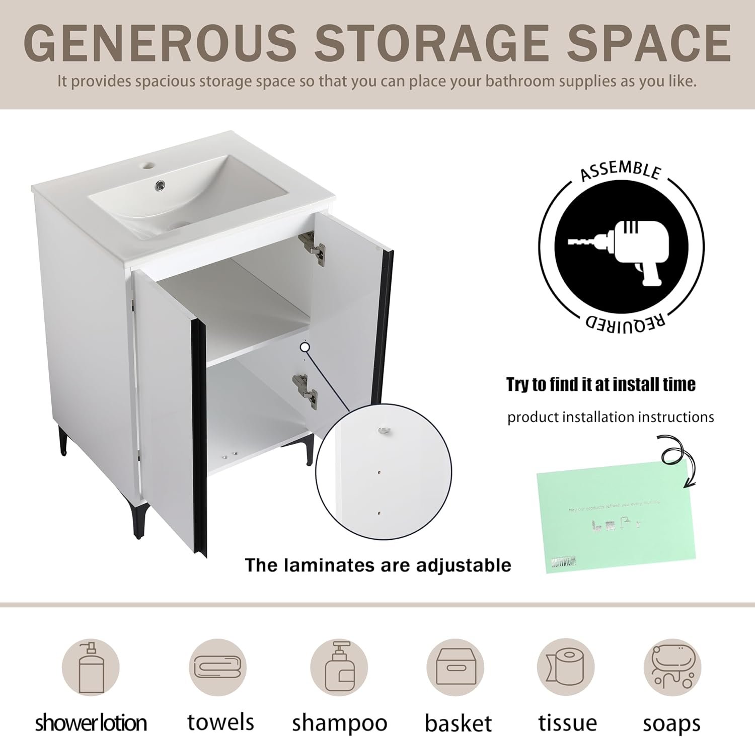 24" Bathroom Vanity with Ceramic Sink, 24 Inch Freestanding Bathroom Vanity, Single Sink Bathroom Vanity Combo, Mordern Bathroom Vanity with 2 Doors, White Floor Standing Cabinet Set
