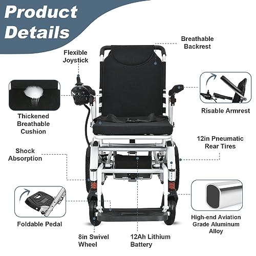 24KM Portable electric wheelchairs Foldable Lightweight, Airplane Approved, All Terrain Power Motorized wheelchairs for Adults and Seniors