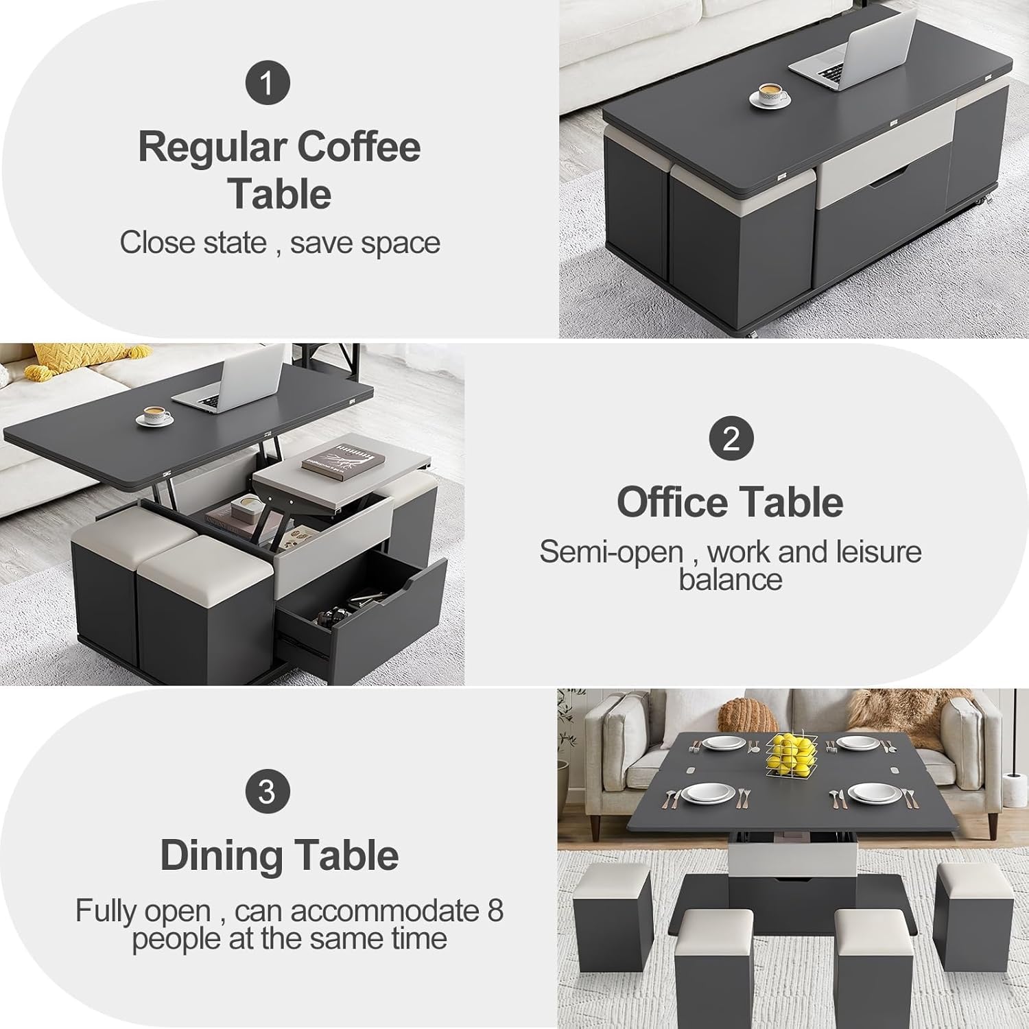 Lift Top Coffee Table,3-in-1 Multi-Functional Center Table, 4 Storage Bench, Height Adjustable Tea Table with Universal Wheel 39.37”Modern Table Dining Table for Living Reception