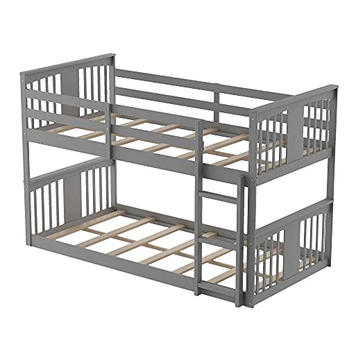 Harper & Bright Designs Twin Over Twin Low Bunk Bed with Headboard and Footboard, Wooden Bunk Bed with Ladder, for Toddlers Kids Boys Girls - White