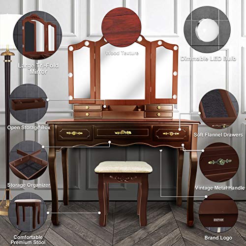 ENSTVER Vanity Beauty Station,Tri-Folding Mirrors,6 Organization 7 Drawers Makeup Dress Table with Cushioned Stool-Espresso