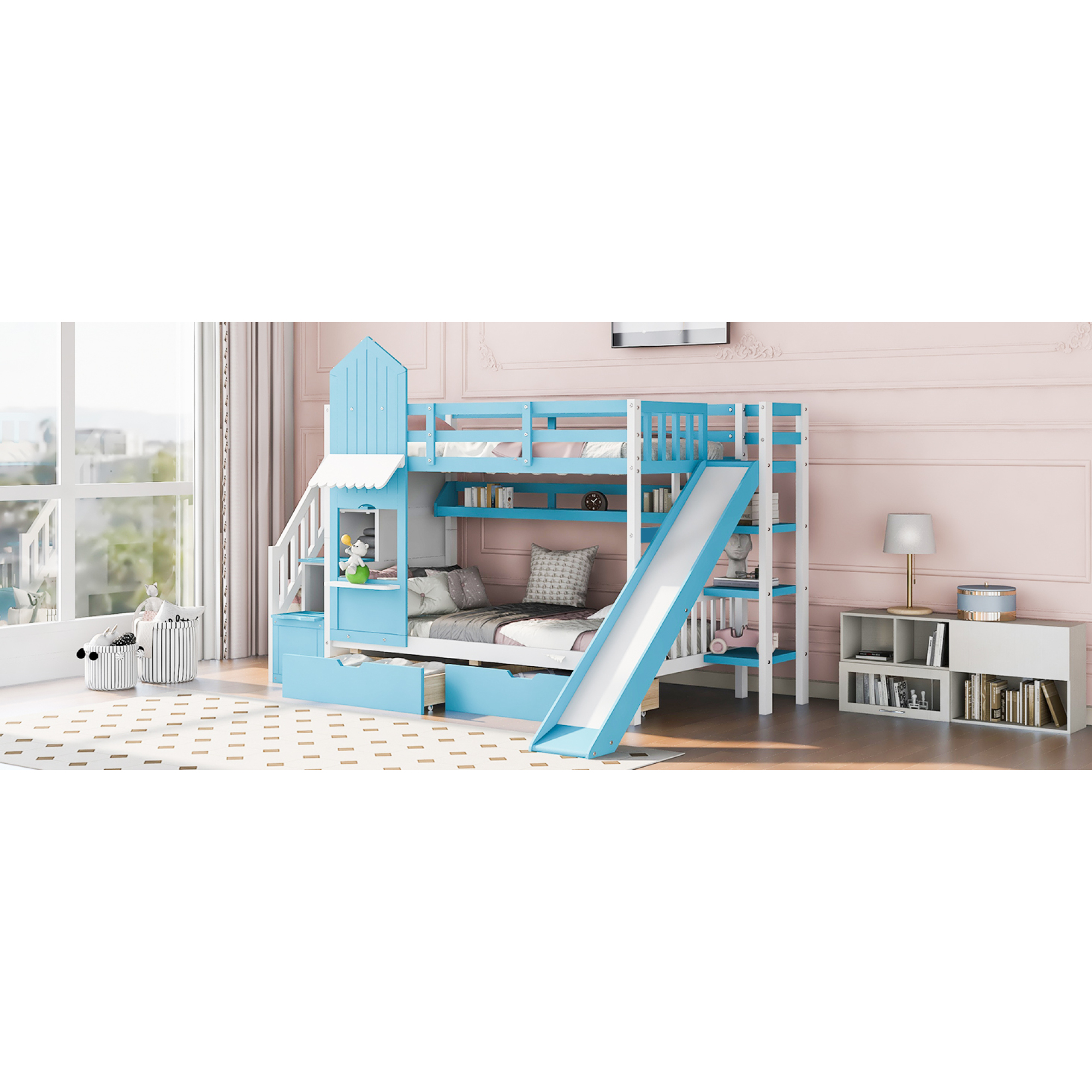 Blue Castle-Themed Twin Bunk Bed with Slide, 2 Drawers & 3 Shelves for Kids' Room