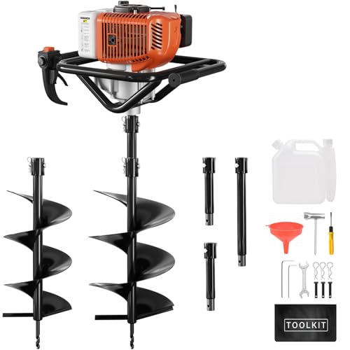 Post Hole Digger, 62cc Auger Post Hole Digger, Gas Powered Earth Digger with 2 Auger Drill Bits(6" & 8") + 3 Extension Rods, for Farmland, Garden and Plant (62CC)