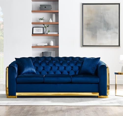 WILLIAMSPACE 81.1" Tufted Velvet Sofa Couch for Living Room, 3 Seater Button Sofa with Stainless Steel Gold Plating Decoration, Comfy Soft Upholstered Couch with 2 Pillows - Blue