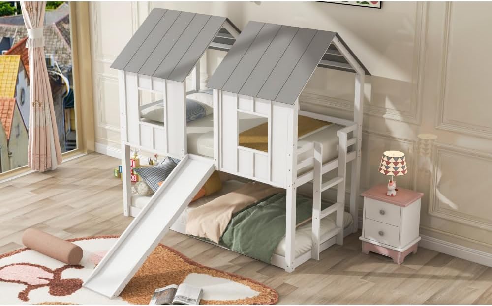 Twin Over Twin House Bunk Bed with Slide and Windows,White 2-Numbers of Package Pine Wood+MDF 14/7pcs 77.4" L*41.9" W*80" H 155Lb GX000920AAK-1