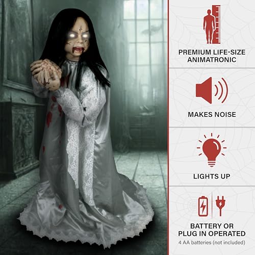 Haunted Hill Farm Life-Size 2.9-Ft Animatronic Gravely Granny by Tekky Halloween Decoration with Motion-Activated Sounds