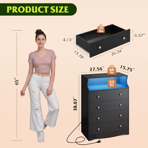 WLIVE Wood Dresser with 5 Drawers, Black Wooden Storage Cabinet, Organizer Drawers for Bedroom, Living Room, Hallway, Measuring 15.75" W * 31.50" D * 45.35" H ﻿