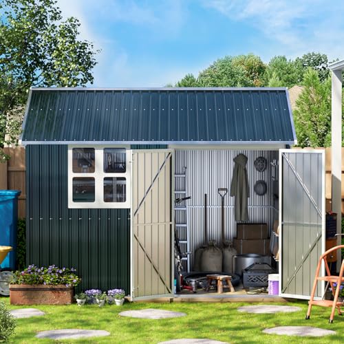 10X12X7.5 FT Outdoor Steel Storage Shed with Lockable Doors, 2 Windows, Transparent Roof Panels (Wood Panels & Frame Floor Not Included), Ideal for Patio Storage,Garbage Can, Chicken Coop，Brown