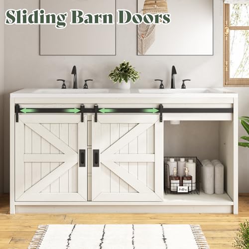 60" Farmhouse Sliding Barn Door Bathroom Double Vanity with Sink Combo, Bathroom Vanity Cabinet with Drawers & Metal Handles, Freestanding, Gray